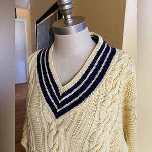 Lauren Ralph Lauren Cream and Navy V-Neck Sweater